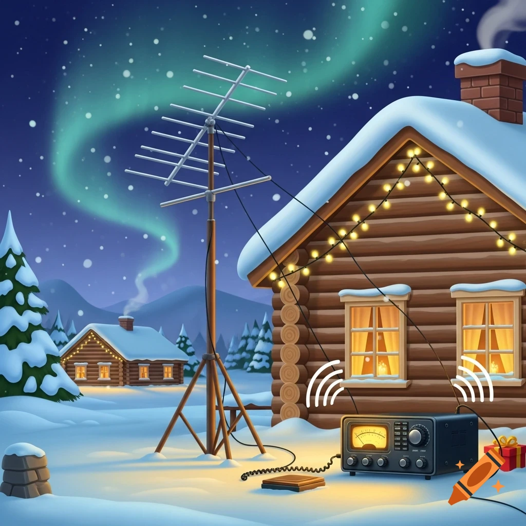 An illustrated winter scene with snow-covered log cabins, a large antenna, and an amateur radio setup emitting signals under the Northern Lights.