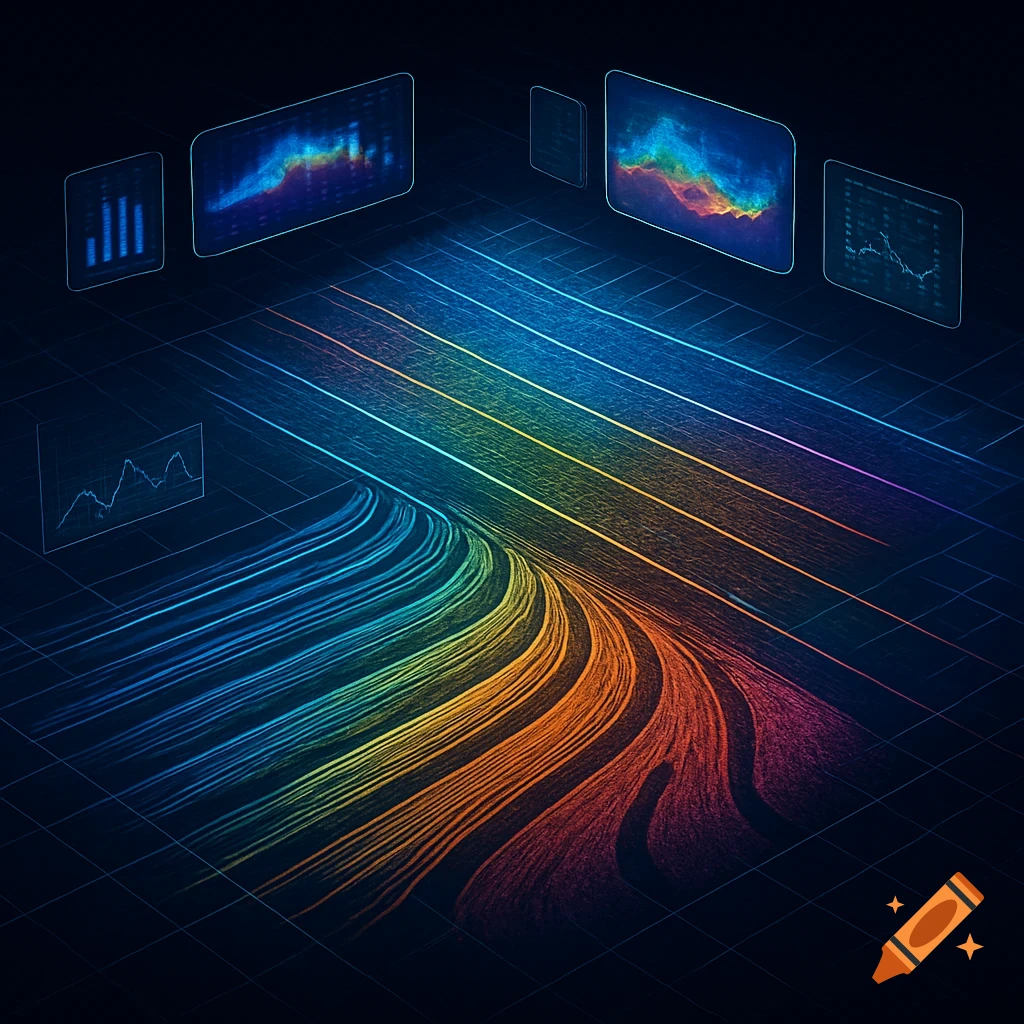 Vibrant colorful data streams flow across a dark grid with glowing digital screens displaying charts and graphs.