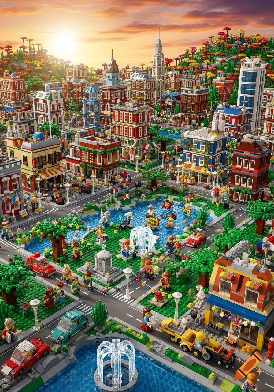 Aerial view of a vibrant, detailed Lego city featuring colorful buildings, minifigures, vehicles, and waterways under a sunset sky.