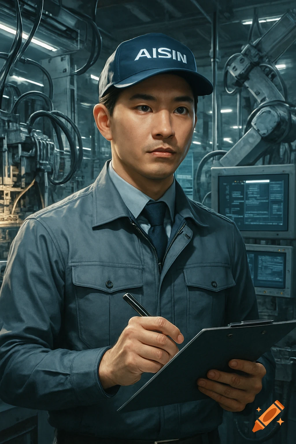 A serious Asian male engineer in a blue uniform and cap, with 'AISIN' on it, holds a clipboard and pen in a factory.