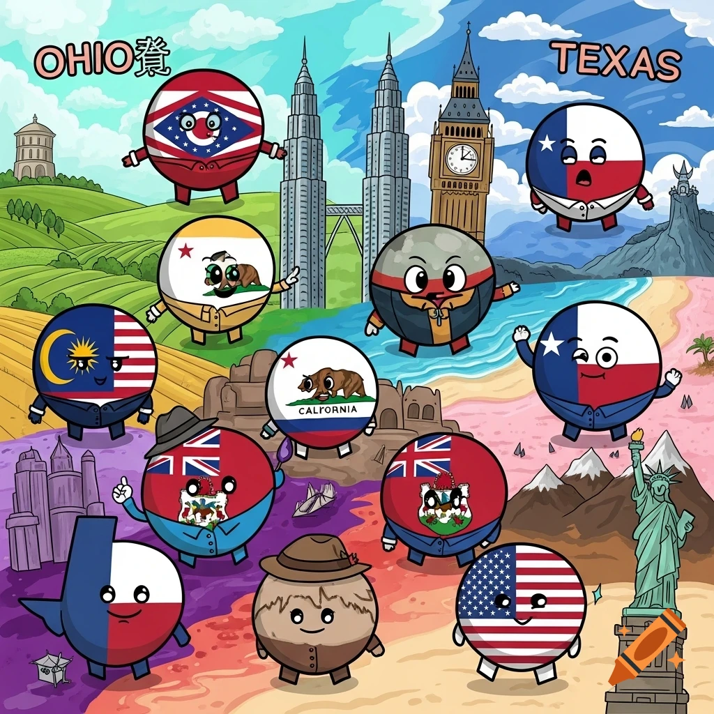 Cartoon country balls representing Ohio, Texas, California, Malaysia, UK, Bermuda, Chile, and USA with landmarks.