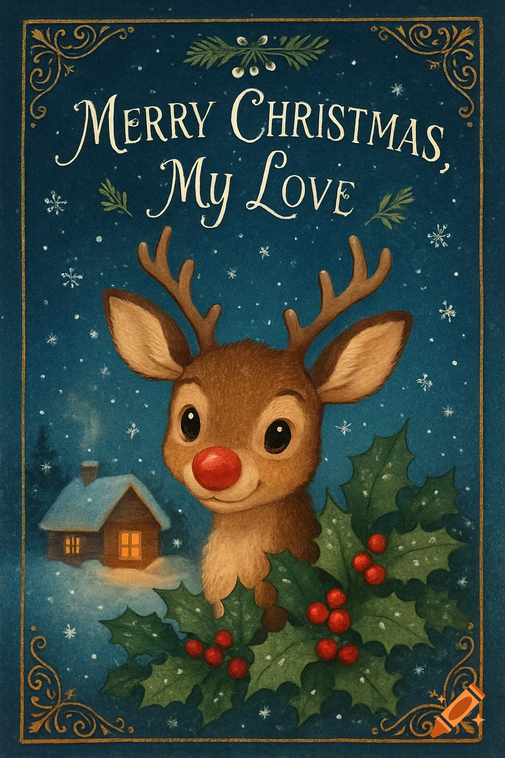 Cute cartoon reindeer with a red nose peeking from holly leaves and berries in a snowy scene with a cabin, framed by a decorative border. Text reads "Merry Christmas, My Love".