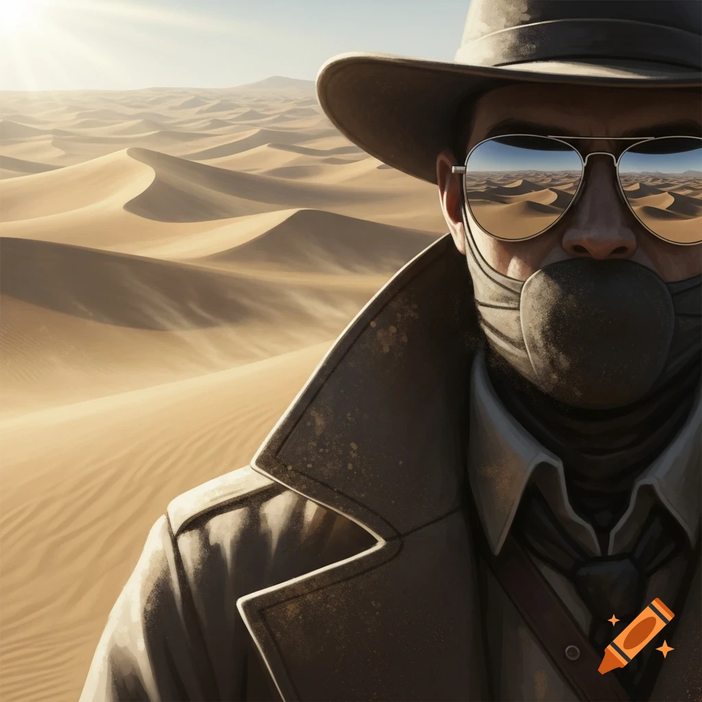 A mysterious figure wearing a fedora, aviator sunglasses reflecting sand dunes, and a black gag stands in a sunlit desert.