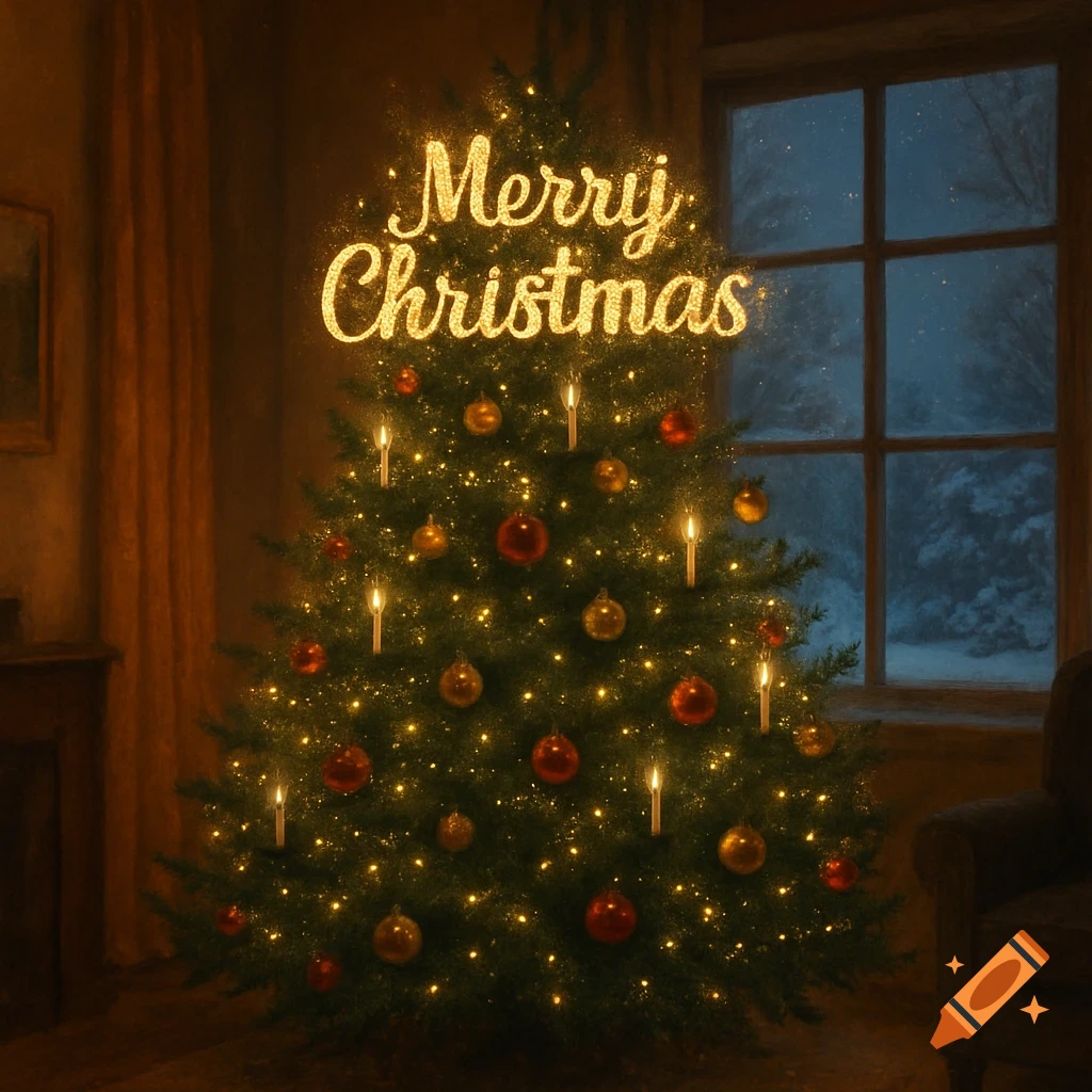 A warmly lit Christmas tree in a cozy room, adorned with sparkling lights, candles, ornaments, and "Merry Christmas" text. A snowy scene is visible outside the window.