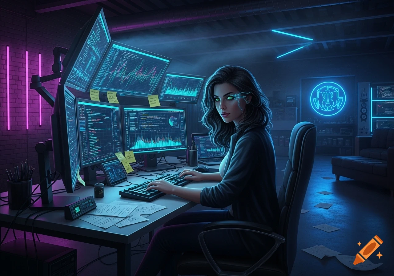 A woman hacker in a dark, neon-lit room, typing at a desk surrounded by multiple computer screens displaying code and graphs.