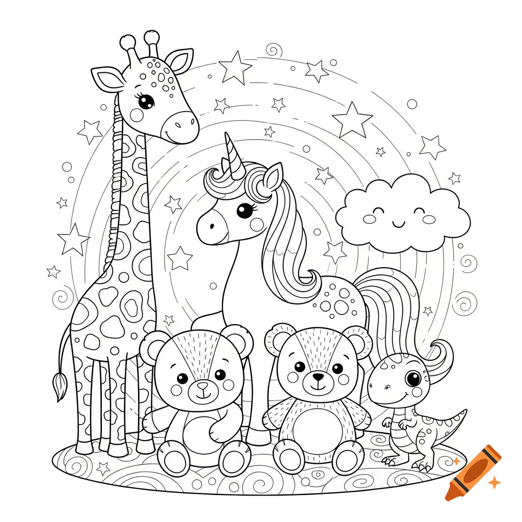 A black and white coloring page illustration featuring a cute giraffe, unicorn, two teddy bears, a baby velociraptor, and a smiling cloud.