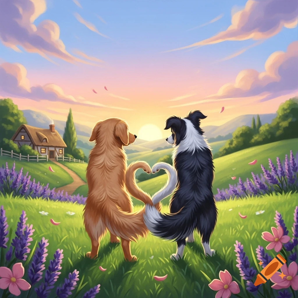Two dogs in a lavender field at sunset, forming a heart with their tails; a cottage is in the background.