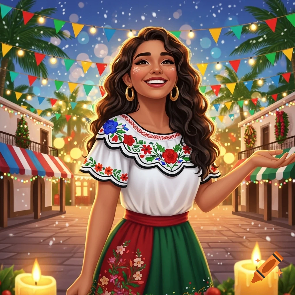 A smiling animated woman with long curly hair in a festive embroidered dress stands on a Christmas-decorated street with snow.