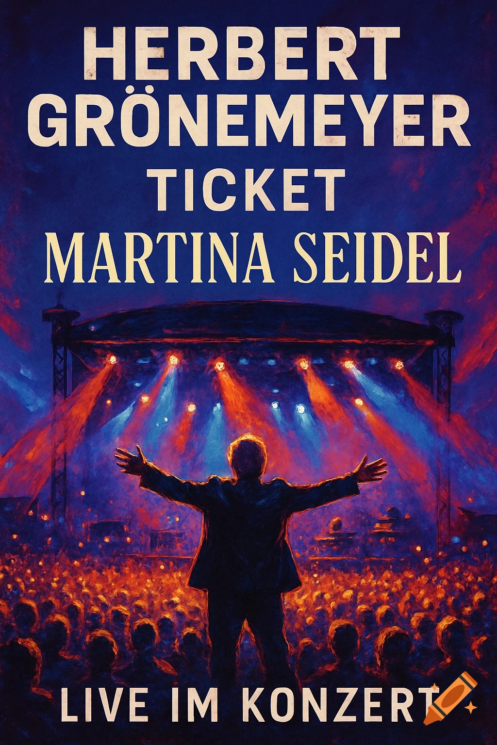 Painterly concert poster with a performer on stage facing a crowd under red and blue lights, featuring text 'HERBERT GRÖNEMEYER TICKET MARTINA SEIDEL LIVE IM KONZERT'.