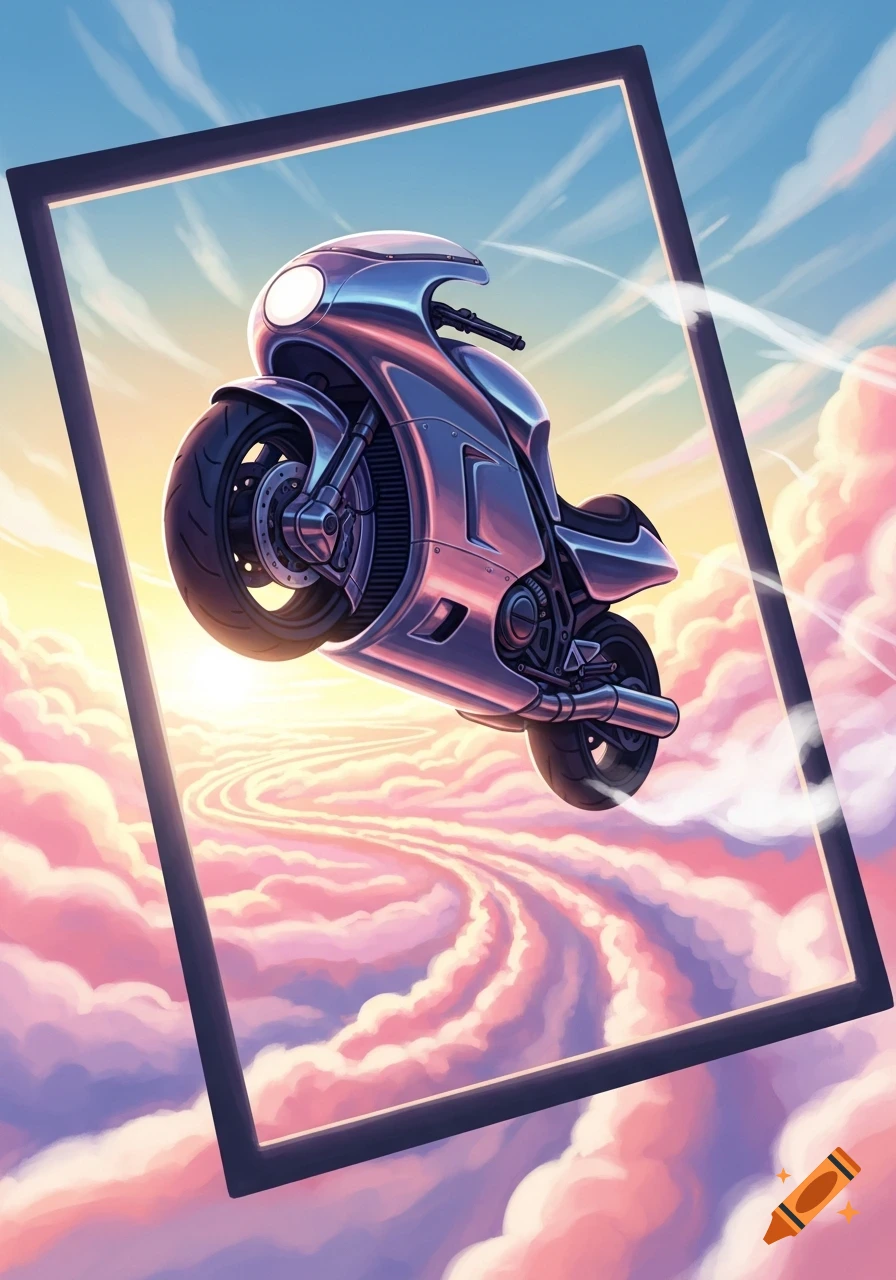 A stylized image of a futuristic metallic motorcycle flying through a rectangular frame above swirling pink and purple cotton candy-like clouds during sunset.