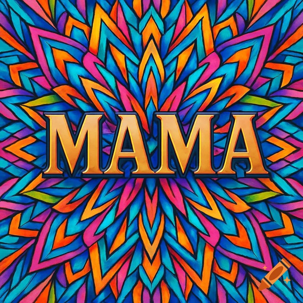 A vibrant, colorful mandala-like pattern in blues, pinks, and oranges, with the word 'MAMA' in gold letters at the center.
