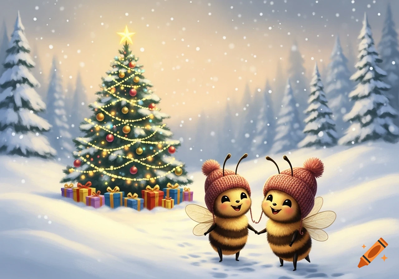 Two cute cartoon bees in knitted hats hold hands in a snowy Christmas forest with a decorated tree and presents.