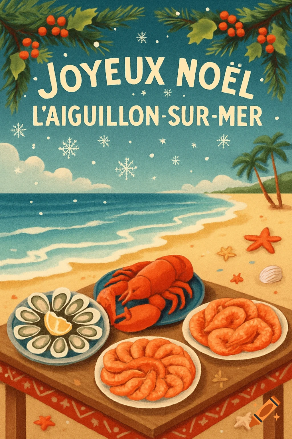 Vintage Christmas card: A beach scene with palm trees, snowy sky, and plates of lobster, oysters, and shrimp on a table. Text: Joyeux Noël L'Aiguillon-sur-Mer.