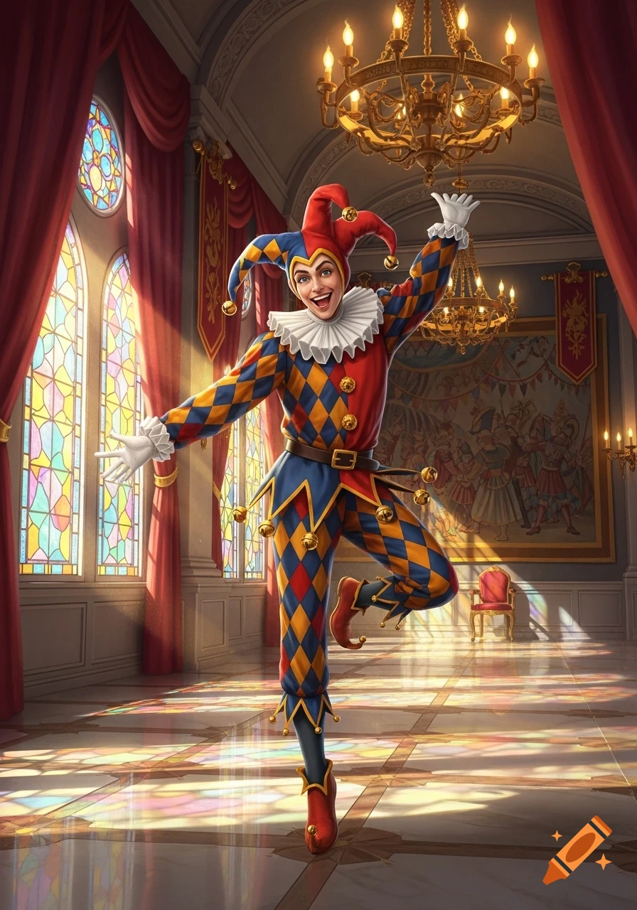 A happy court jester in a colorful harlequin suit and jester hat, dancing cheerfully in a grand hall with stained glass windows and chandeliers.