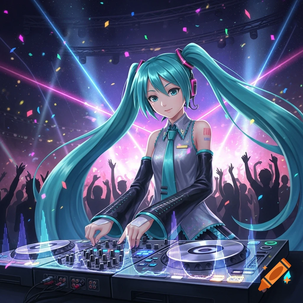 Hatsune Miku as a DJ with blue twin-tails and headphones, mixing music at a lively concert under colorful laser lights and confetti.