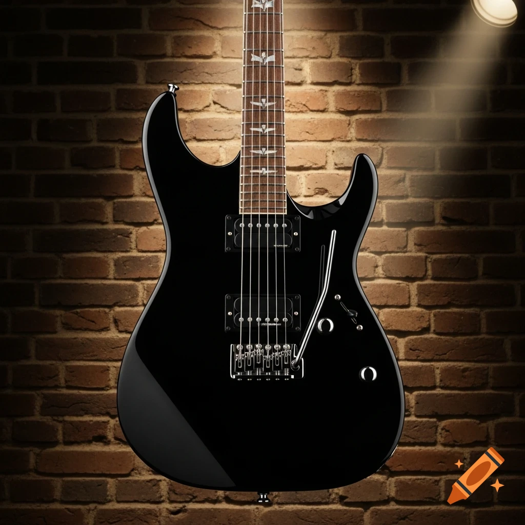 A sleek black electric guitar with a wooden neck stands prominently against a dark brick wall, illuminated by a warm spotlight from the top right.