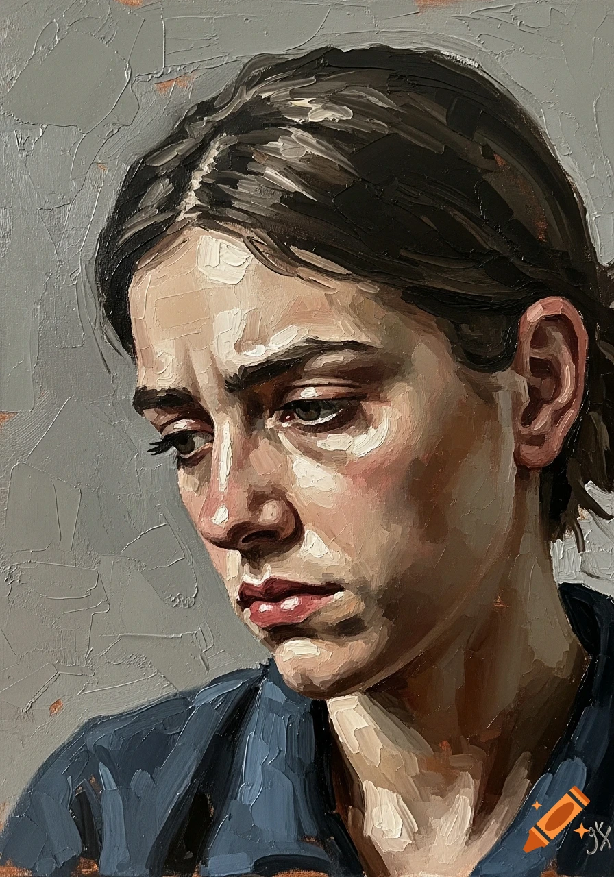 Oil painting of a person with a depressed, tired expression looking down, rendered with thick, textured brush strokes.