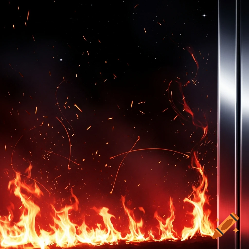 Vibrant red and orange flames and sparks rise from the bottom, contrasting with a dark, starry night sky and a metallic bar.
