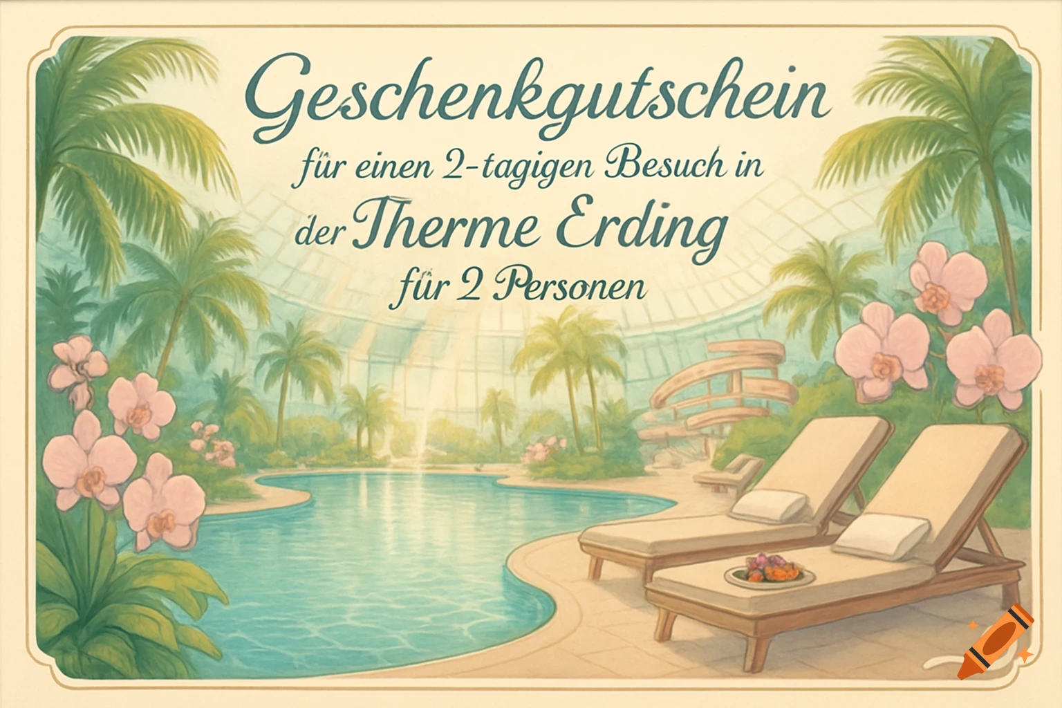 A gift voucher illustration featuring a tropical-themed spa resort with a large pool, palm trees, pink orchids, and two lounge chairs. The text reads 'Geschenkgutschein für einen 2-tagigen Besuch in der Therme Erding für 2 Personen'.