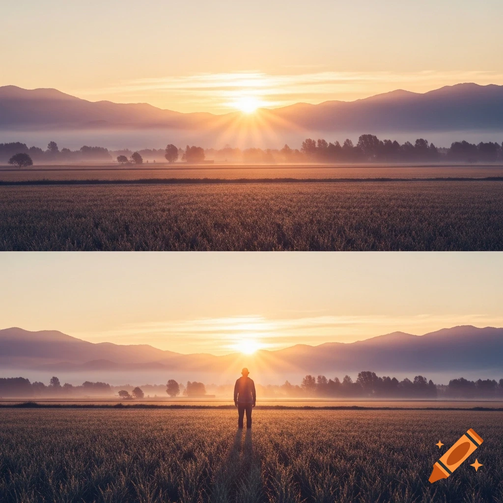 A person stands in a field facing a bright sunrise over misty mountains, with sun rays.