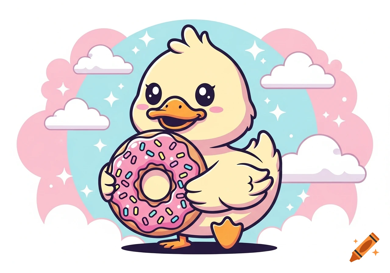 A cute kawaii cartoon duck with big eyes smiles while holding a pink donut with sprinkles, set against a background of clouds and sparkles.