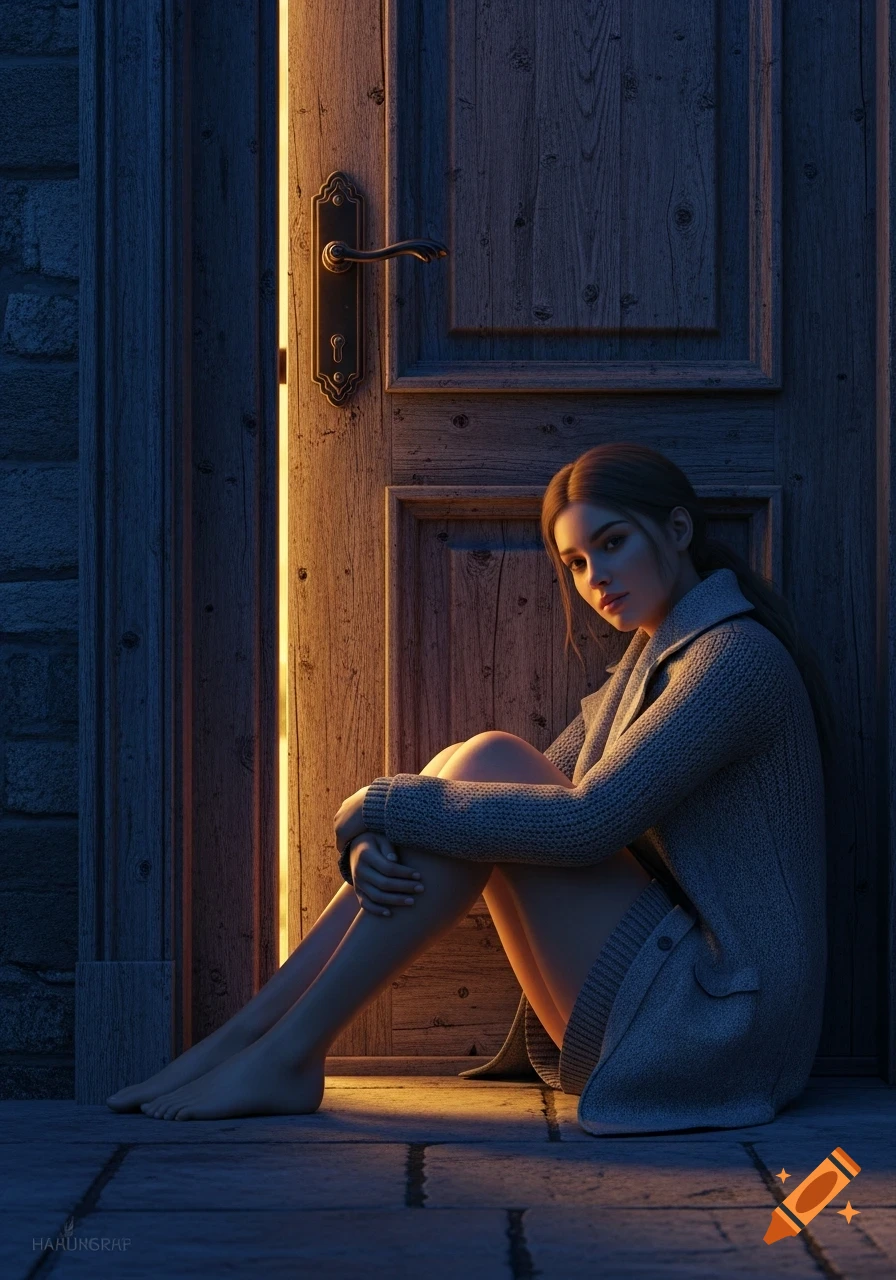A photorealistic depiction of a slim woman sitting on the ground in front of an old wooden door, with warm light leaking from the gap.