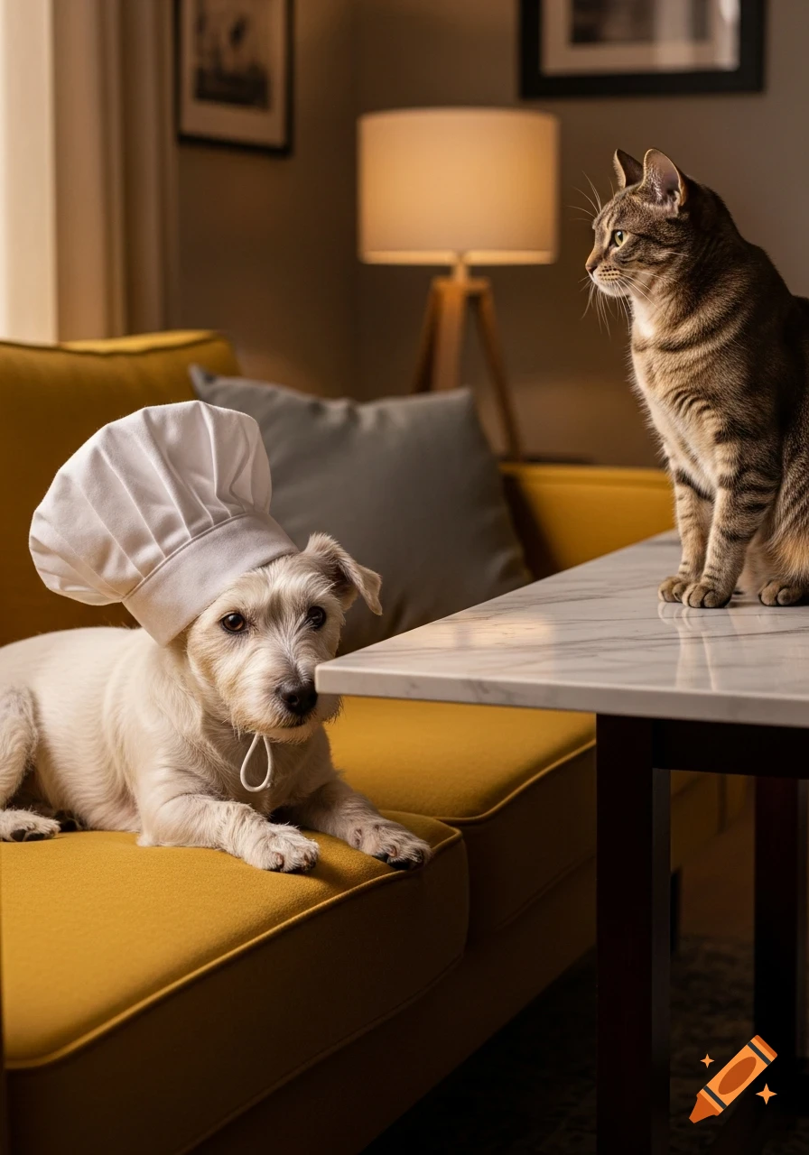 A white terrier dog in a chef's hat lies on a yellow couch, looking at a tabby cat sitting on a marble table.