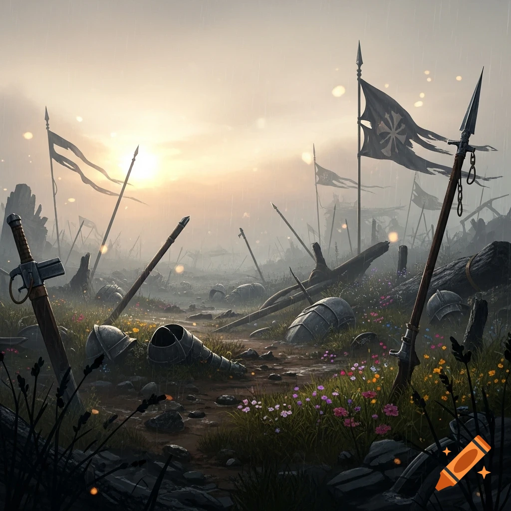 A misty, war-torn battlefield at sunrise or sunset, littered with discarded swords, spears, and armor, with wildflowers growing among the debris.