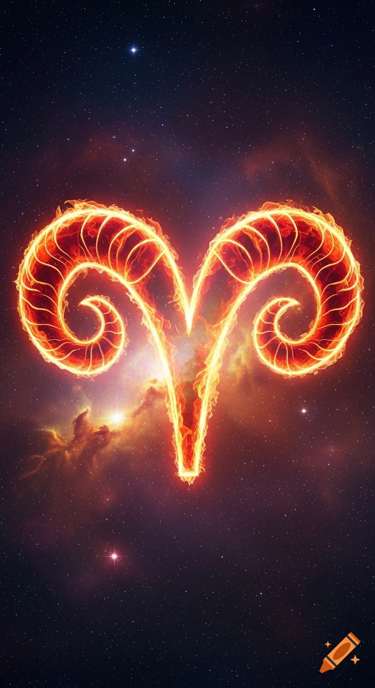 A fiery Aries ram zodiac symbol glows intensely against a starry cosmic background with nebulae.