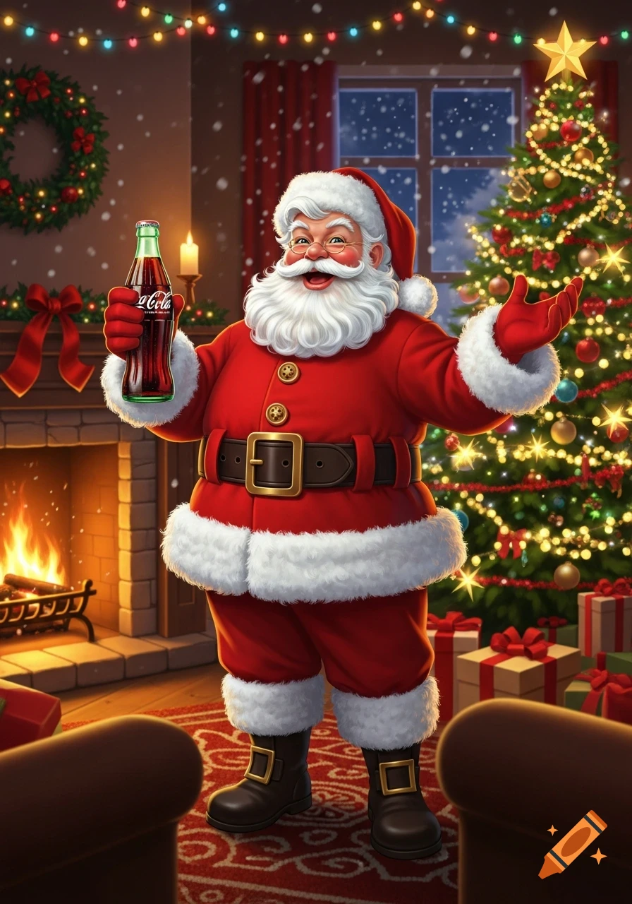 Jolly Santa Claus holds a Coca-Cola bottle in a cozy, decorated living room with a lit Christmas tree and fireplace.
