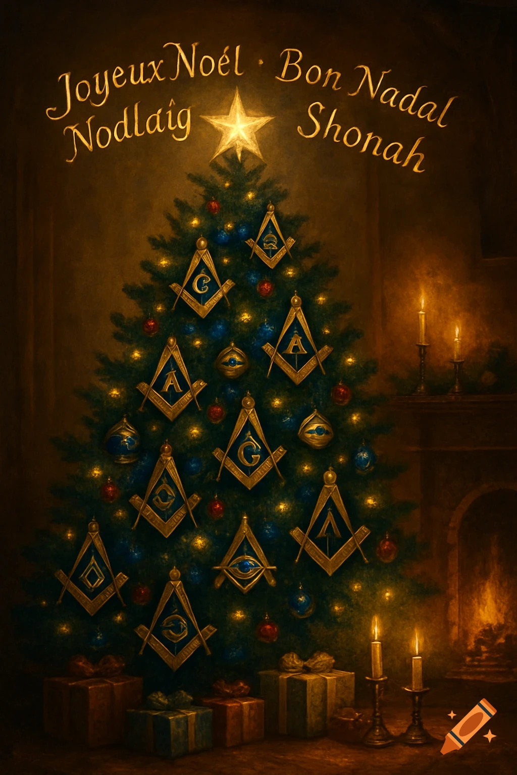 A warm, painterly image of a Christmas tree adorned with gold Masonic symbols, with festive greetings in gold text above and lit candles and a fireplace nearby.