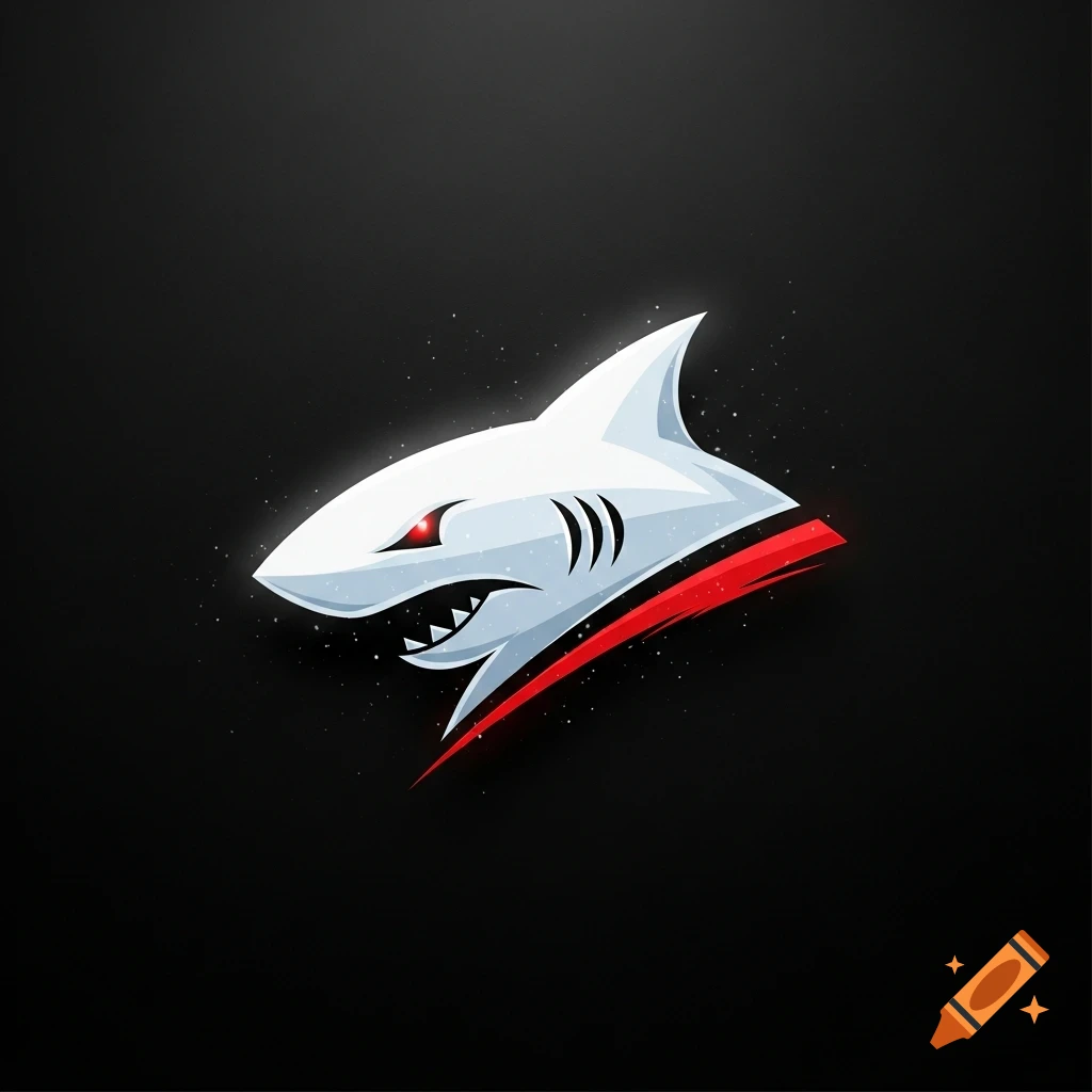 A stylized ice-white shark head logo with glowing red eyes and red accents against a dark background with subtle particles.
