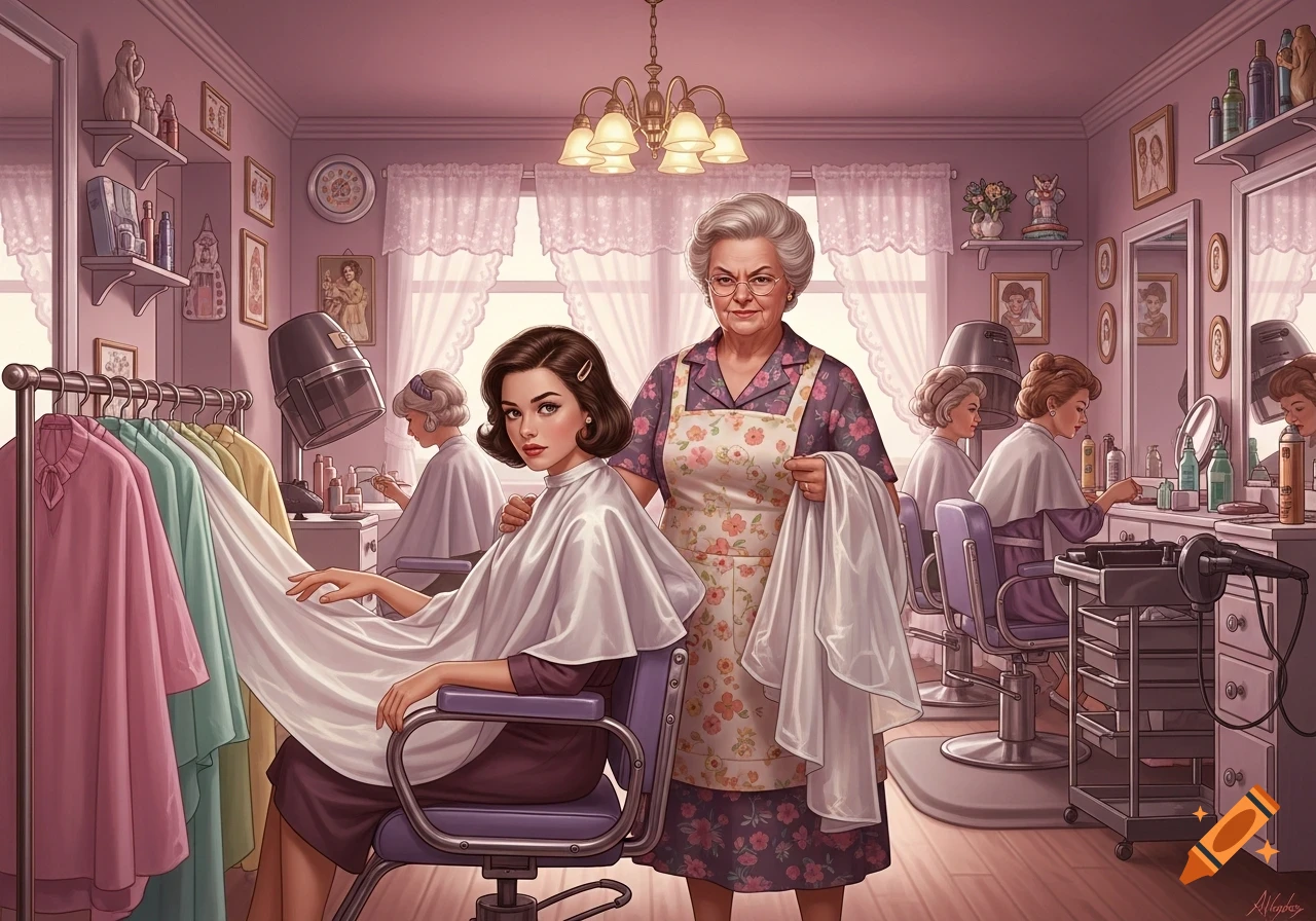 A young woman in a chair in a pastel-toned retro hairdressing salon, while an older female hairdresser holds a cape. Other women are in the background.