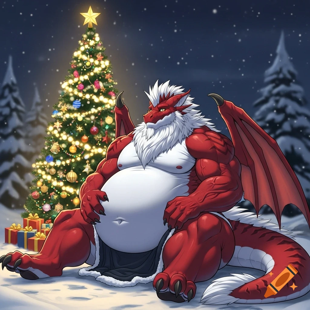 A red, muscular, obese anthropomorphic dragon with a white mohawk and belly, sits in the snow next to a decorated Christmas tree and gifts.