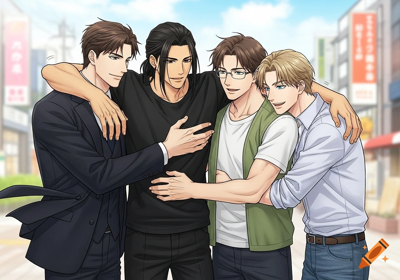 Anime art of four men in casual and formal wear, smiling and embracing on a city street.