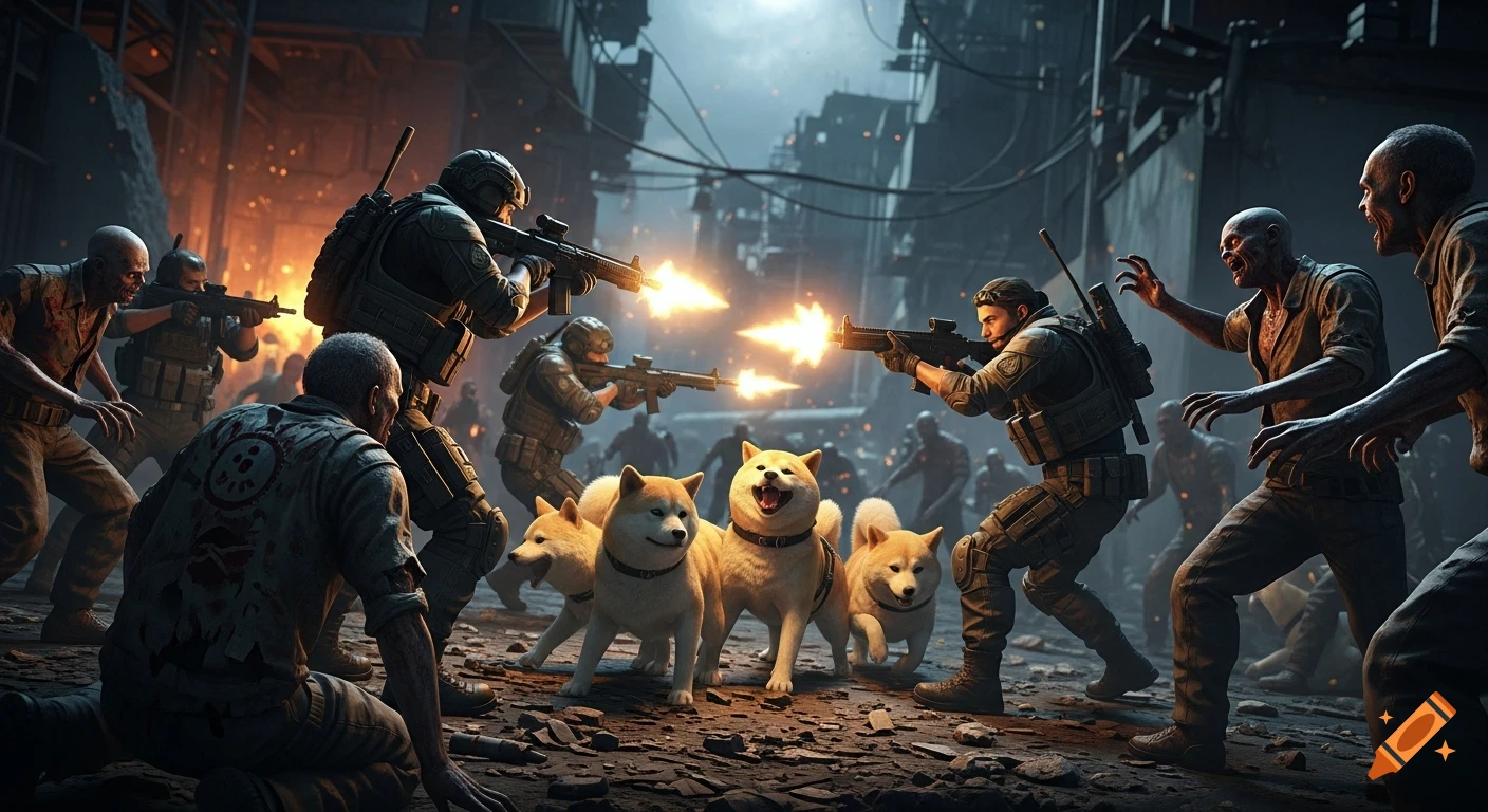 Soldiers fire rifles at zombies in a ruined city street, protecting three Shiba Inu dogs in a dramatic video game style scene.