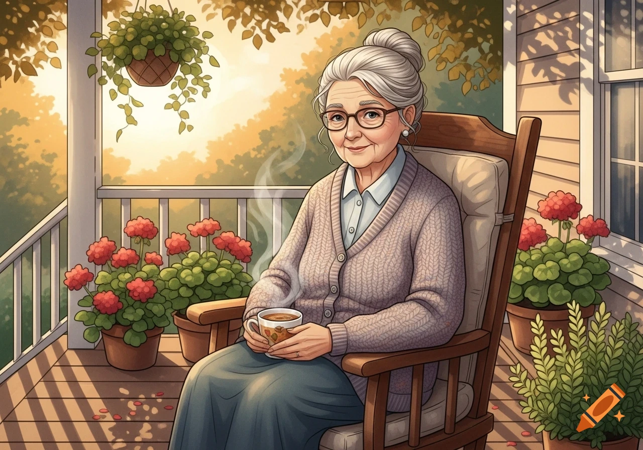 An elderly woman with gray hair and glasses smiles while holding a steaming cup of tea in a rocking chair on a sunlit porch with plants. Illustration.