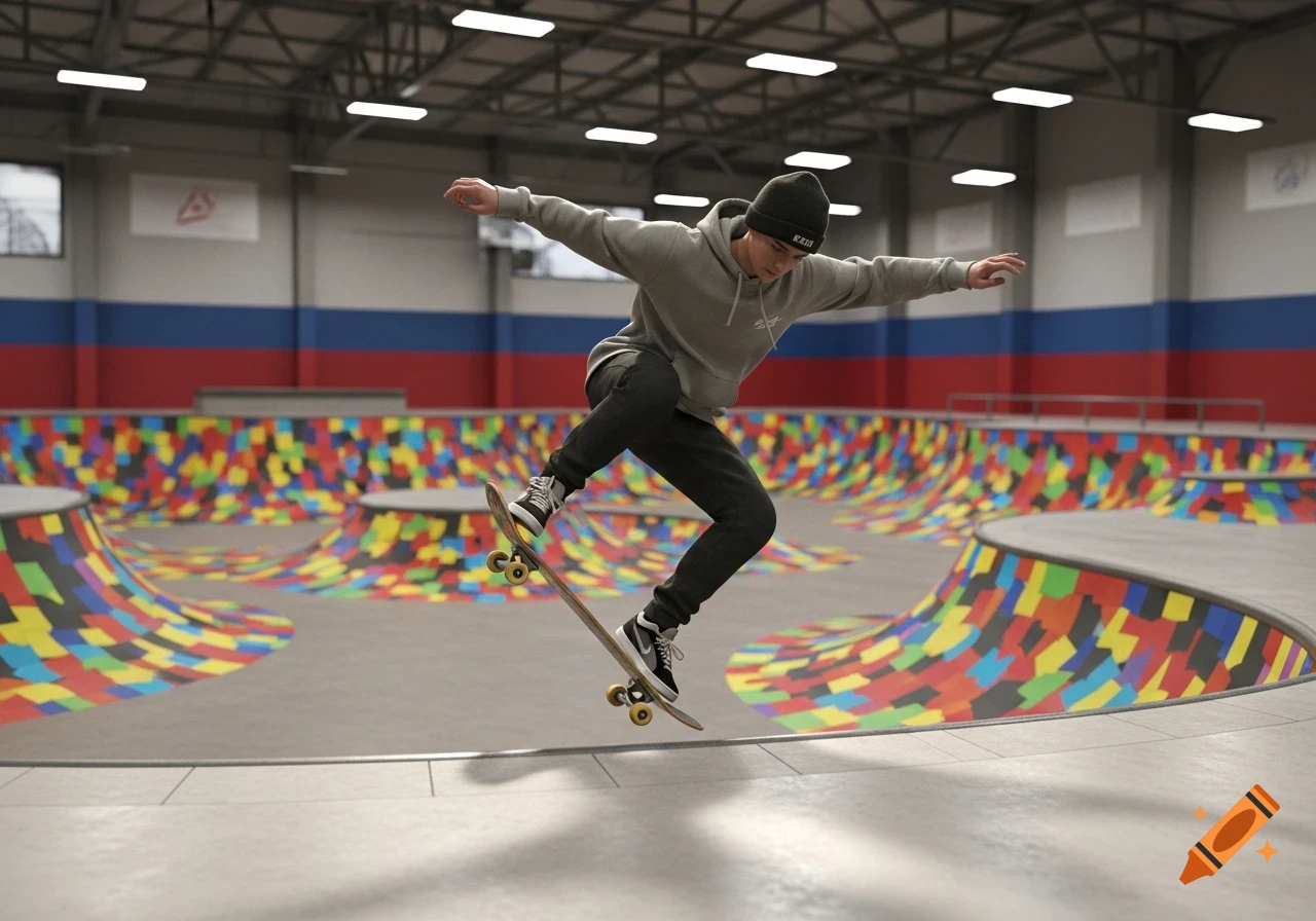 A young skateboarder in a grey hoodie performs a trick mid-air in a vibrant indoor skate park with colorful ramps, photorealistic style.