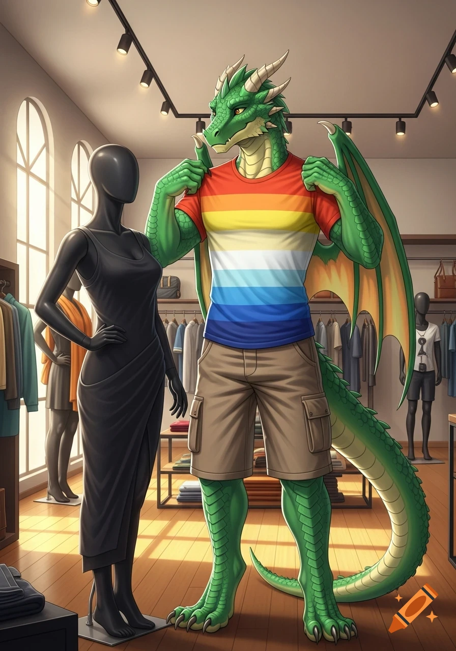 A male anthropomorphic green dragon gives a thumbs up in a clothing store, wearing a rainbow-striped t-shirt and khaki shorts.