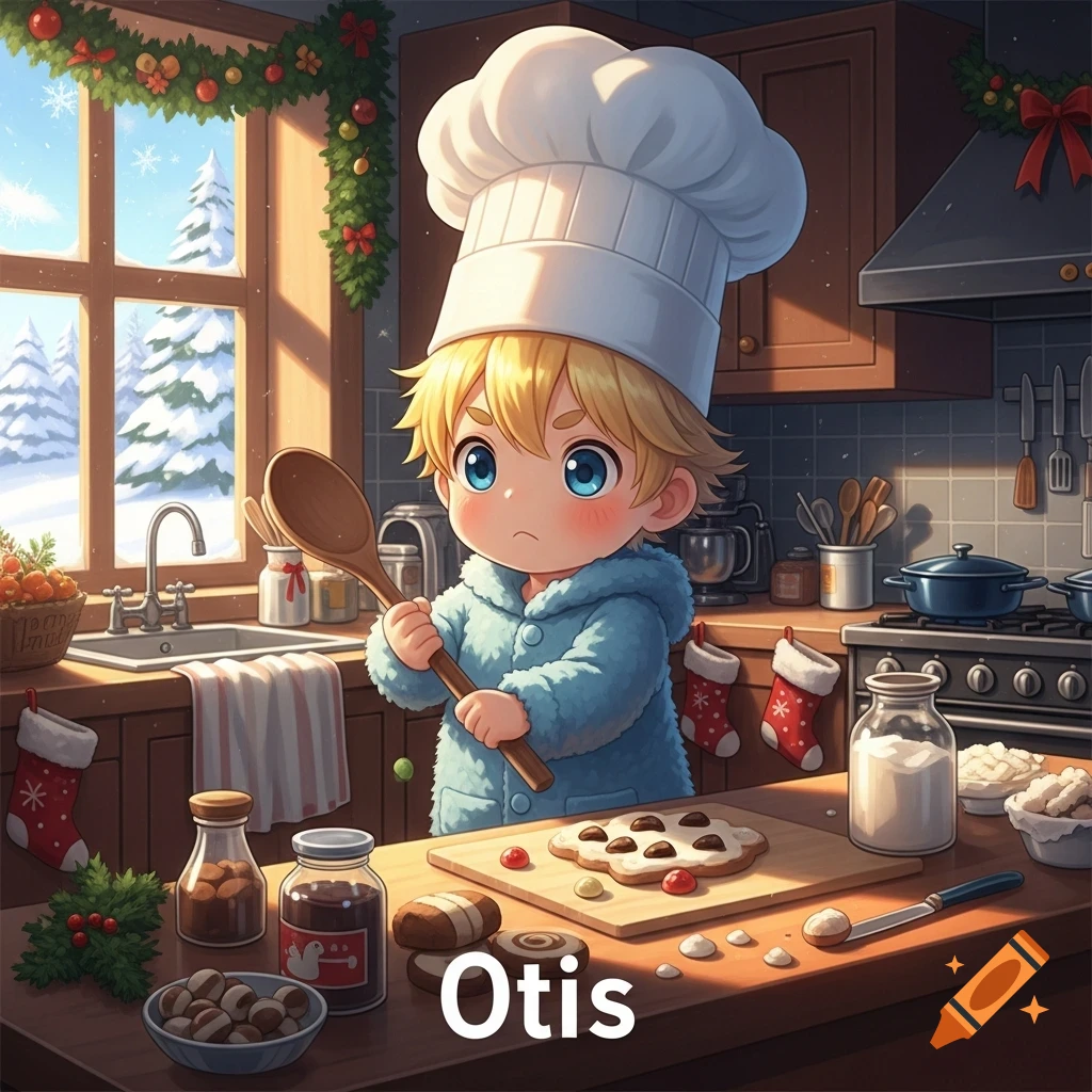 Whimsical anime toddler chef, Otis, holds a wooden spoon while baking cookies in a cozy Christmas kitchen with a snowy window.