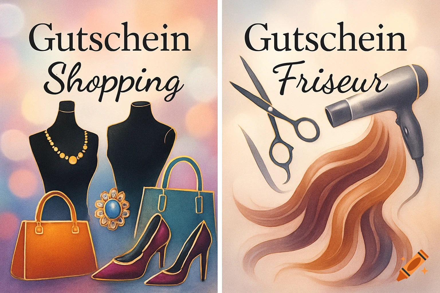 Two illustrated gift vouchers side by side; one for shopping with mannequins, jewelry, and shoes, the other for a hair salon with scissors, a hairdryer, and hair strands.