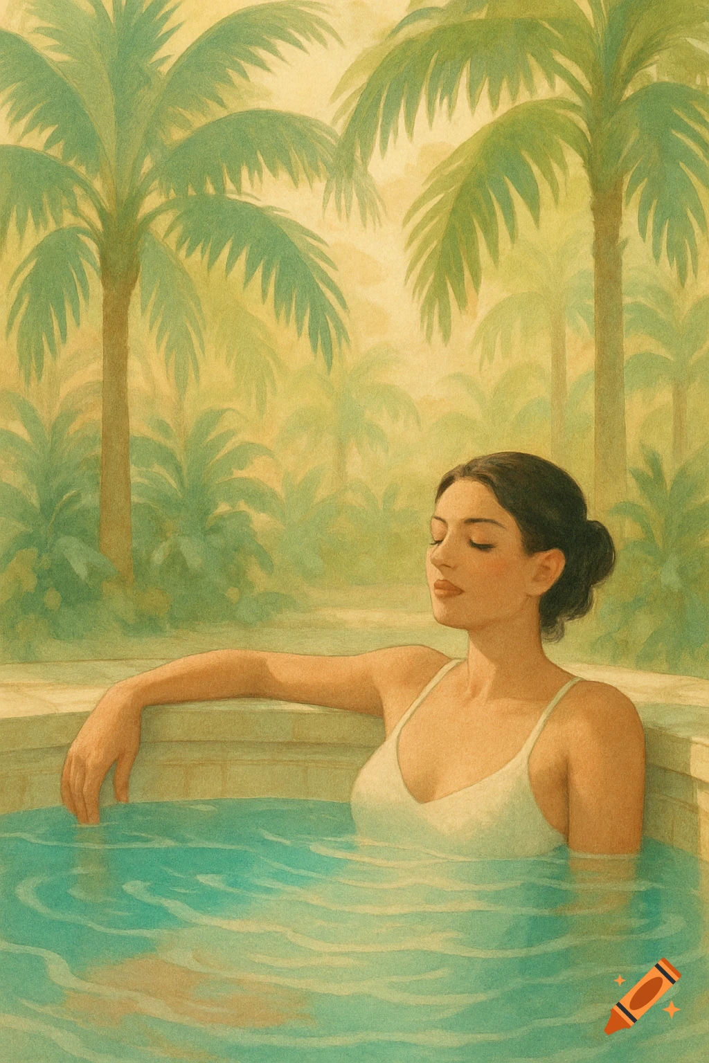 A dark-haired woman relaxes in a pool amidst tropical palm trees, rendered in a soft, painterly style.