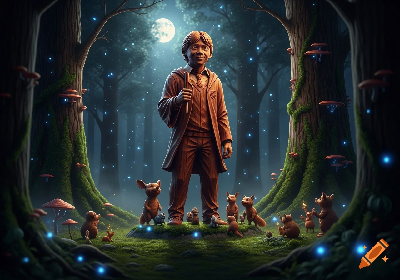 A wooden Ron Weasley stands in a glowing, enchanted forest with small woodland creatures under a full moon.