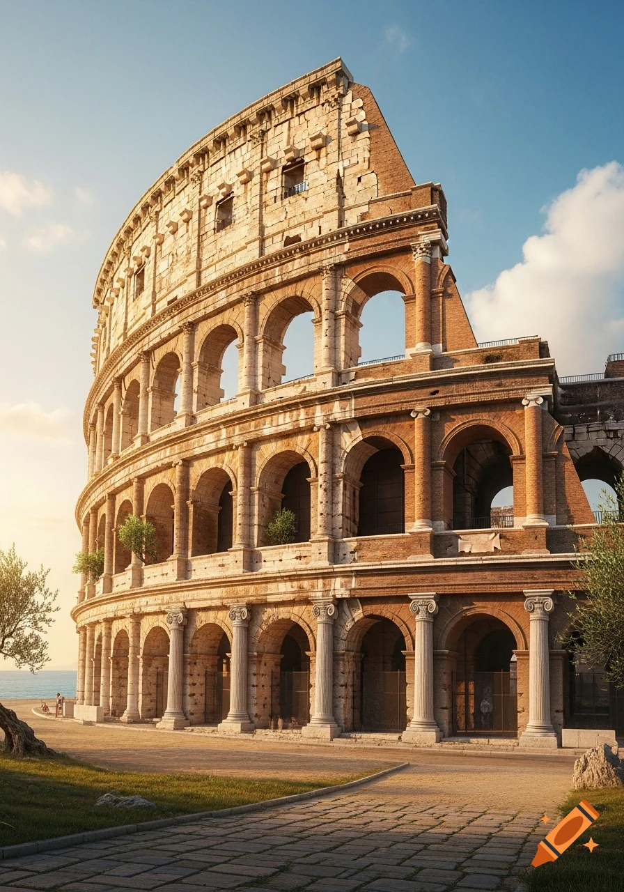 Photorealistic image of the ancient Roman Colosseum at sunset, with a clear blue sky and a cobbled path in the foreground.