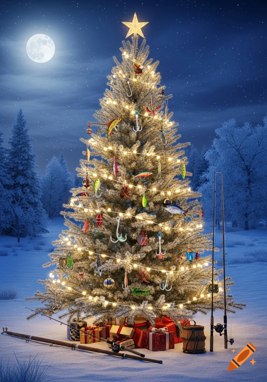 A decorated Christmas tree with fishing lures and hooks stands in a snowy forest under a full moon, with gifts and fishing rods at its base.