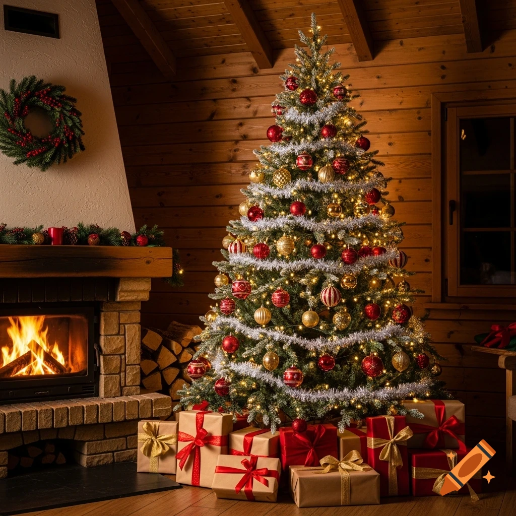 A photorealistic Christmas tree with red and gold ornaments and gifts under it, beside a fireplace in a cozy wooden cabin.