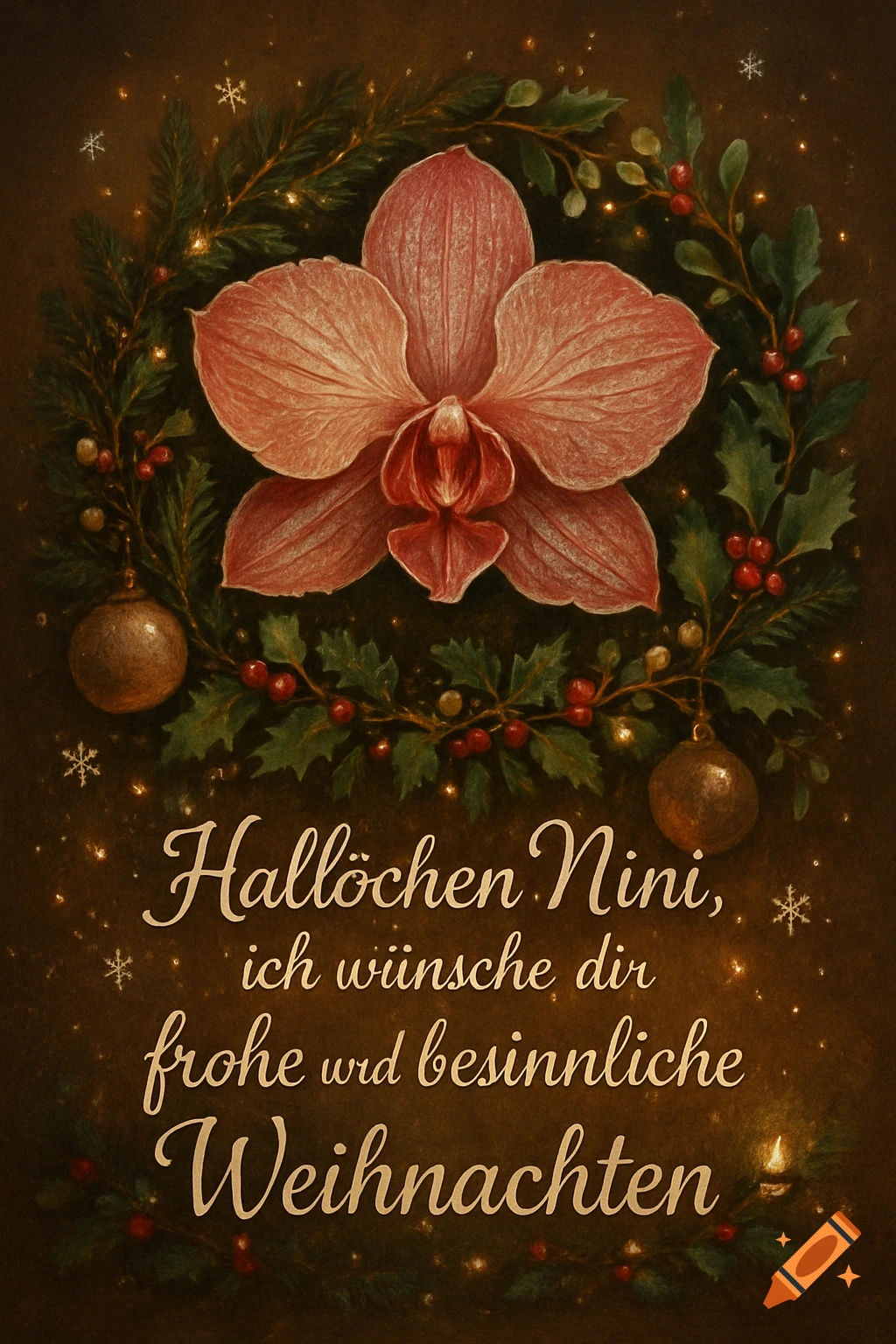 A vintage-style Christmas greeting card with a large pink orchid in the center of a holiday wreath, sparkling lights, and German text.