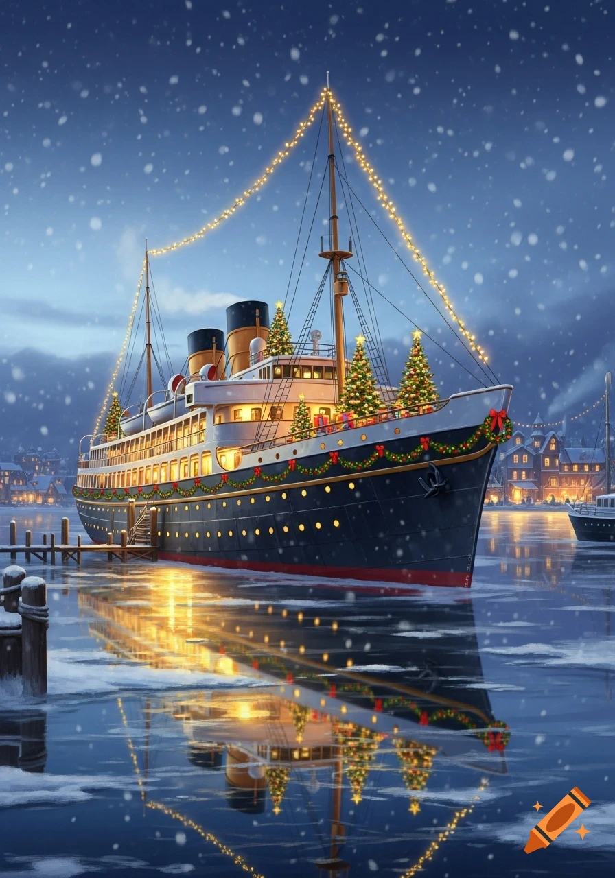 A festive ship adorned with Christmas lights and trees, docked in icy water under falling snow, with a cozy village in the background.
