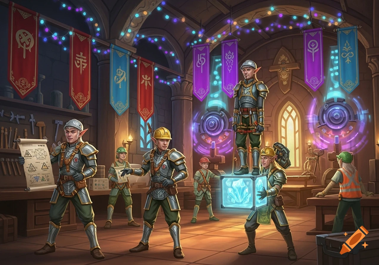 Armored elves wearing hard hats work in a magical workshop adorned with string lights, holding tools, blueprints, and glowing crystals.