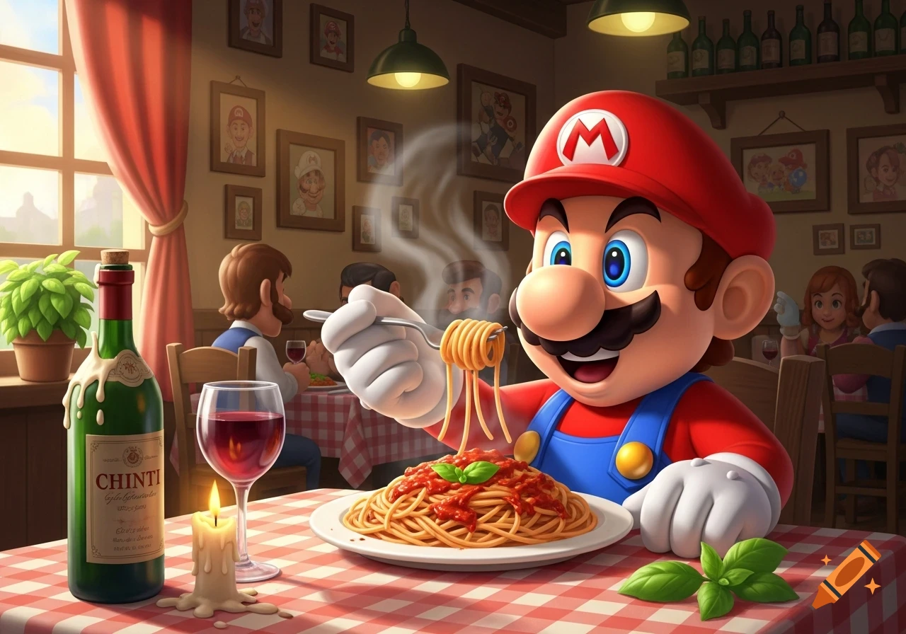 Mario happily twirls spaghetti onto a fork in an Italian restaurant, with a plate of pasta, wine, and a candle on a checkered tablecloth.